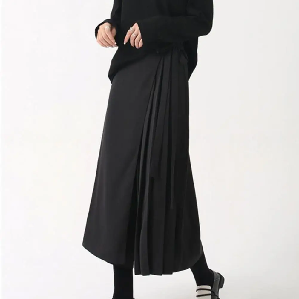 Women Culottes Black Pleated Fake Two-piece Irregular Trousers Highstreet Loose Wide Leg Casual Individual Mid-calf Length Pants