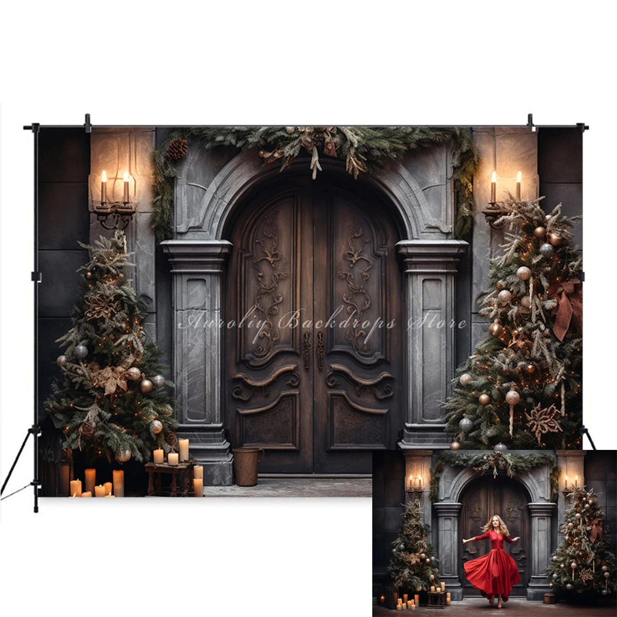 Winter Churchs  Outdoor Backdrops Kids Adult Xmas Photography Props Child Adult Photocall Medieval Retro Snow House   Background