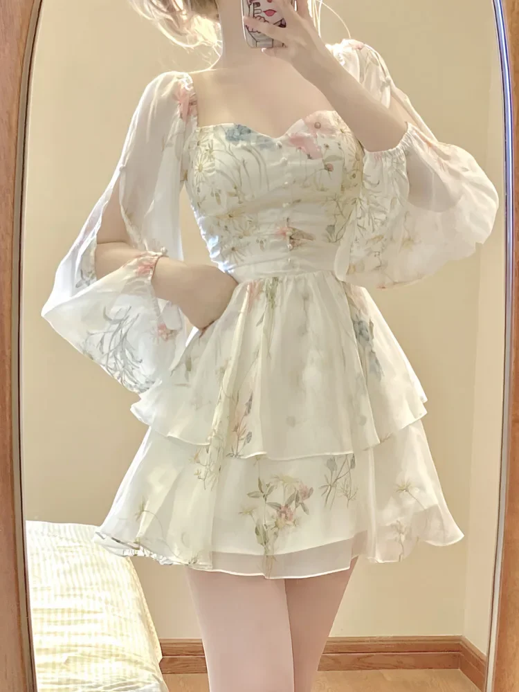 

French Elegant Floral Mini Dress Chiffon Long Sleeve Evening Party Dress Women Holiday Beach Boho Fairy Dress Korean 2026 Robes