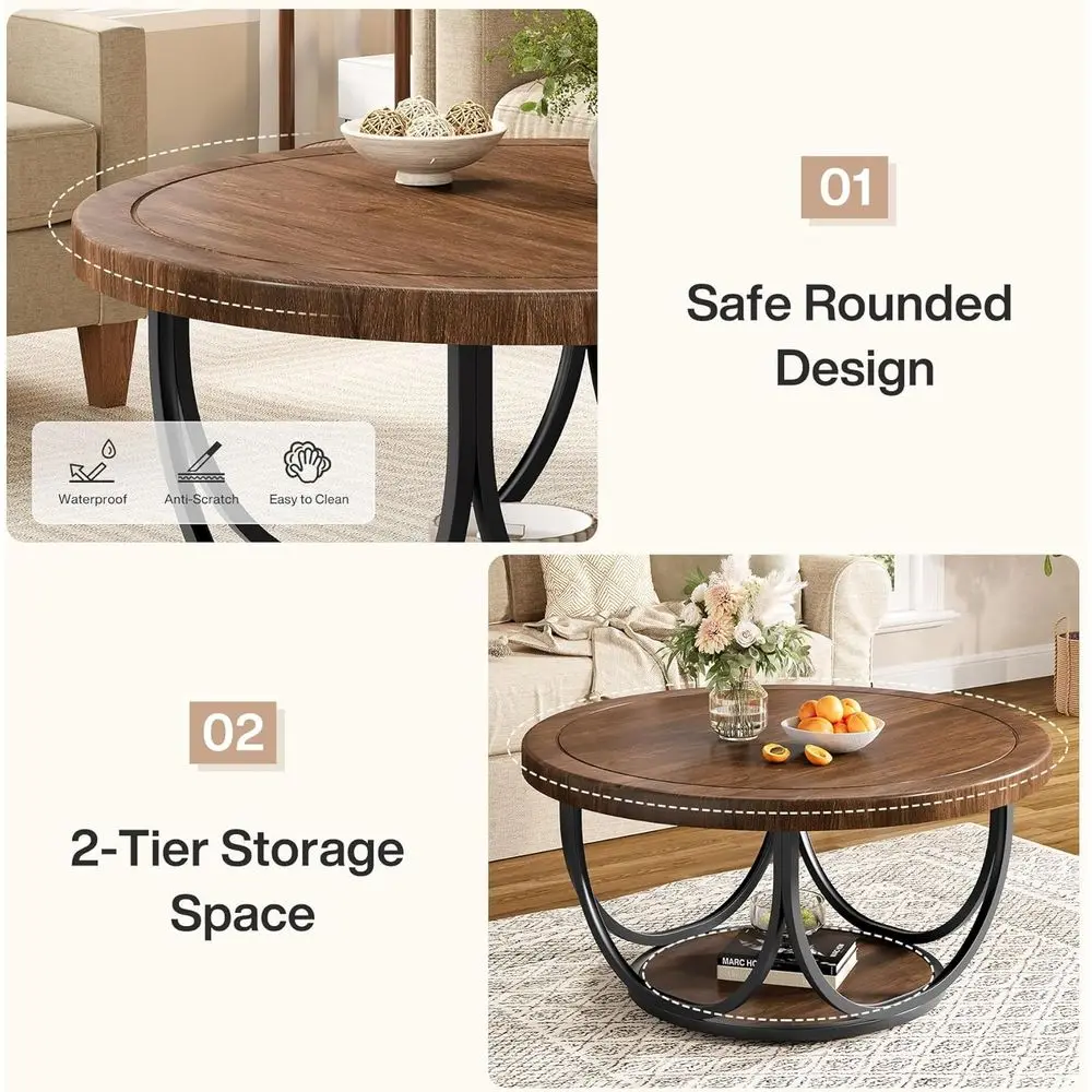 Two-Tiered 33.5 Round Wooden Cocktail Table with Storage Shelf and Metal Edge, Industrial Style for Living Room in Brown & Black