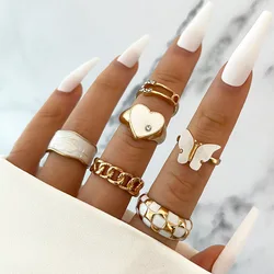 Bohemian Green Crystal Kunckle Rings Set For Women Enamel Heart Geometric Finger Ring Female Girls Fashion Jewelry