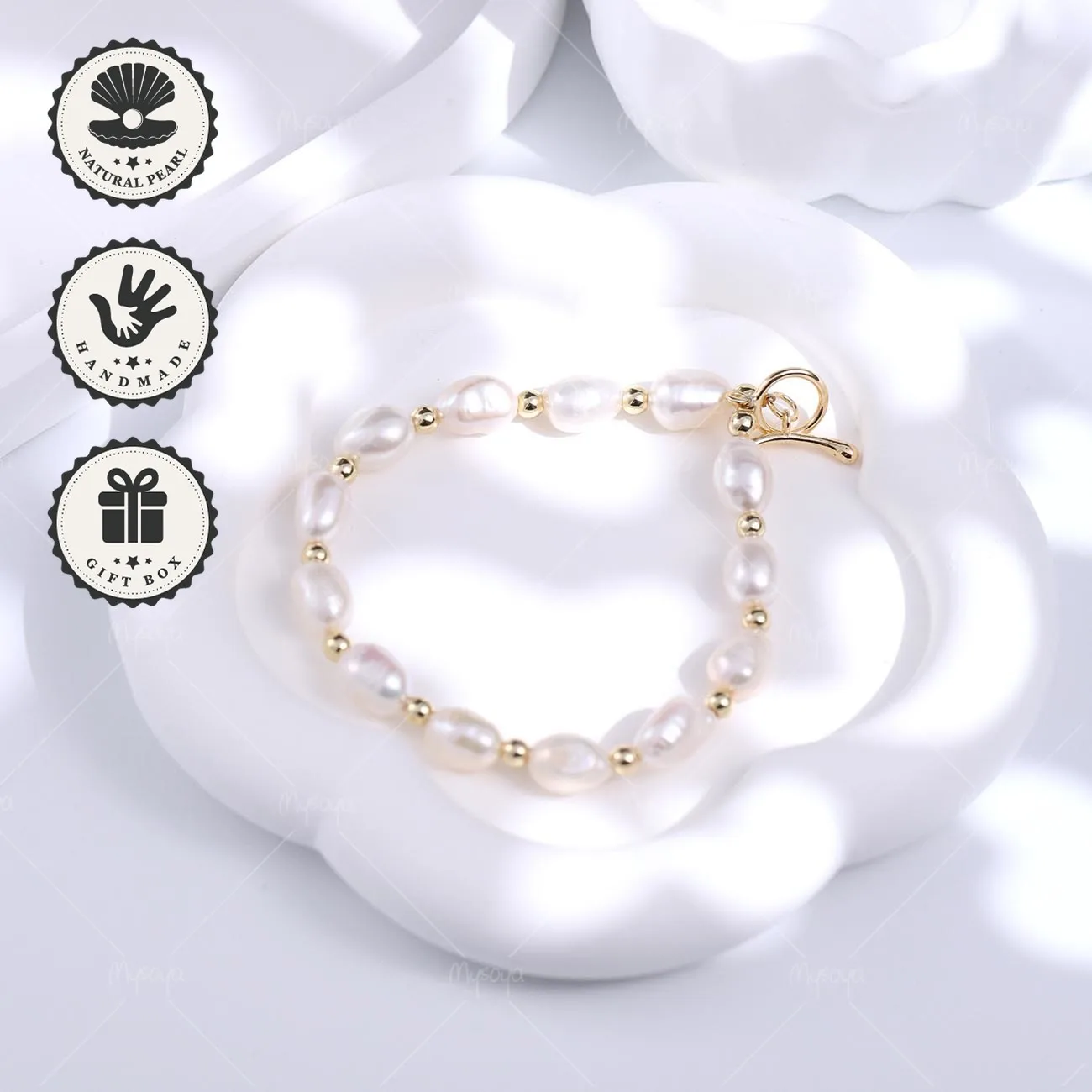 

Mysoya White Baroque Freshwater Pearl Bracelet 8–9mm Golden Beads OT Clasp With Gift Box Valentine’s Day Birthday Gift For Her