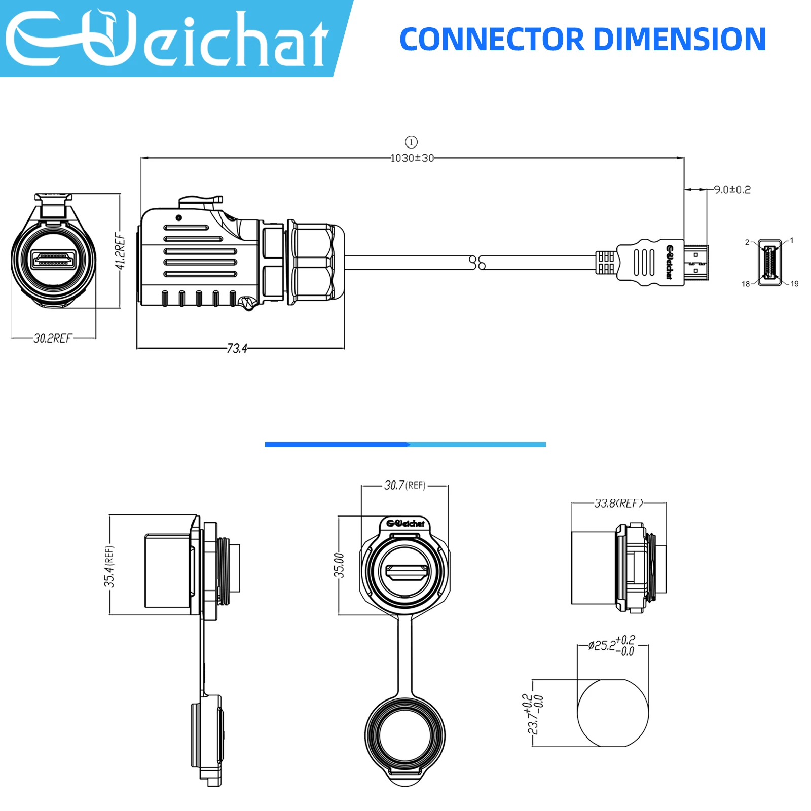 LP24 HDMI Waterproof Connector IP68 Industrial Circular Aviation Date Connector Plug With 1m Cable