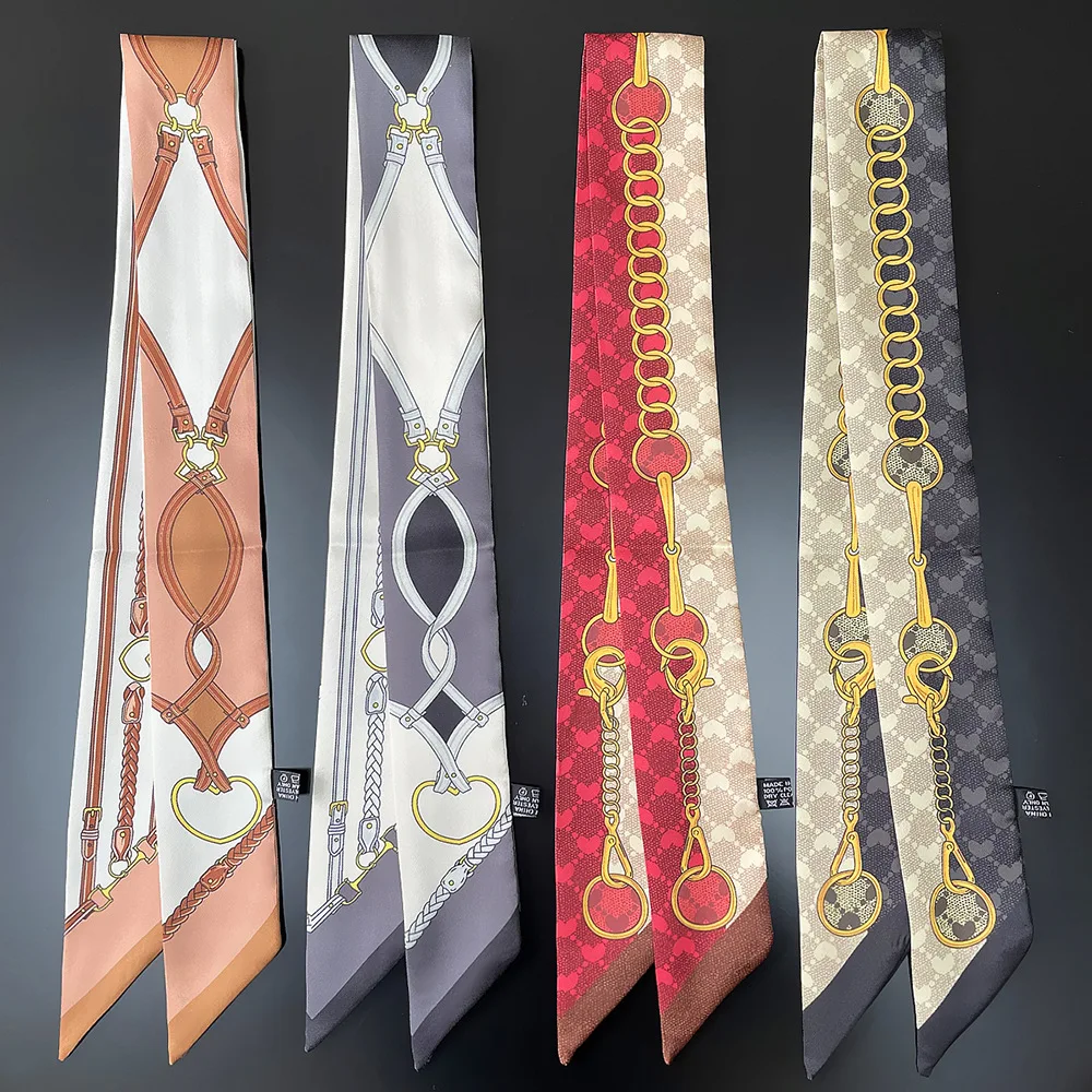 

Spring New Style Women's Decorative Silk Scarf Bag Chain Plaid Ribbon Bow Knot Small Shawl Wrap Polyester Fiber Business Style