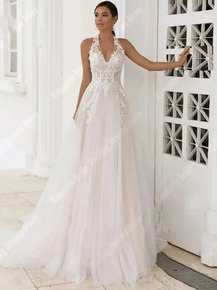 Customized Illusion Princess Wedding Dresses Sexy Sleeveless V-Collar Tulle Bridal Gowns Mopping Length Woman Vestidos De Novia