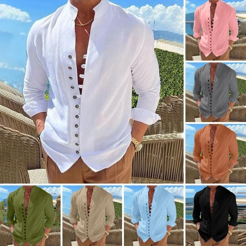 

New Men's Vintage Casual Shirts Cotton Linen Long Sleeve Street Wear Lapel Button Solid Color Shirt For Men Vacation Blouse Top