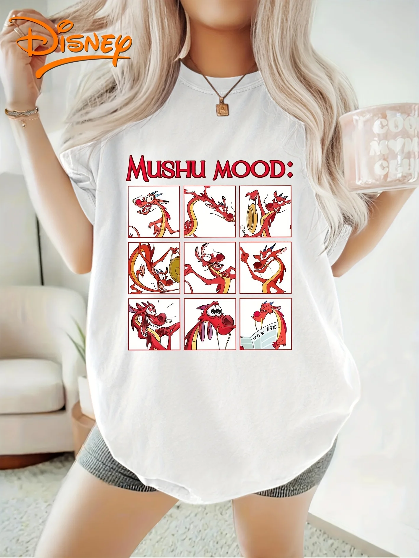 ديزني مولان موشو التنين المزاج تي شيرت خمر المرأة الرجال القطن تيز قصيرة الأكمام س الرقبة عادية المتضخم فضفاض القمم الملابس
