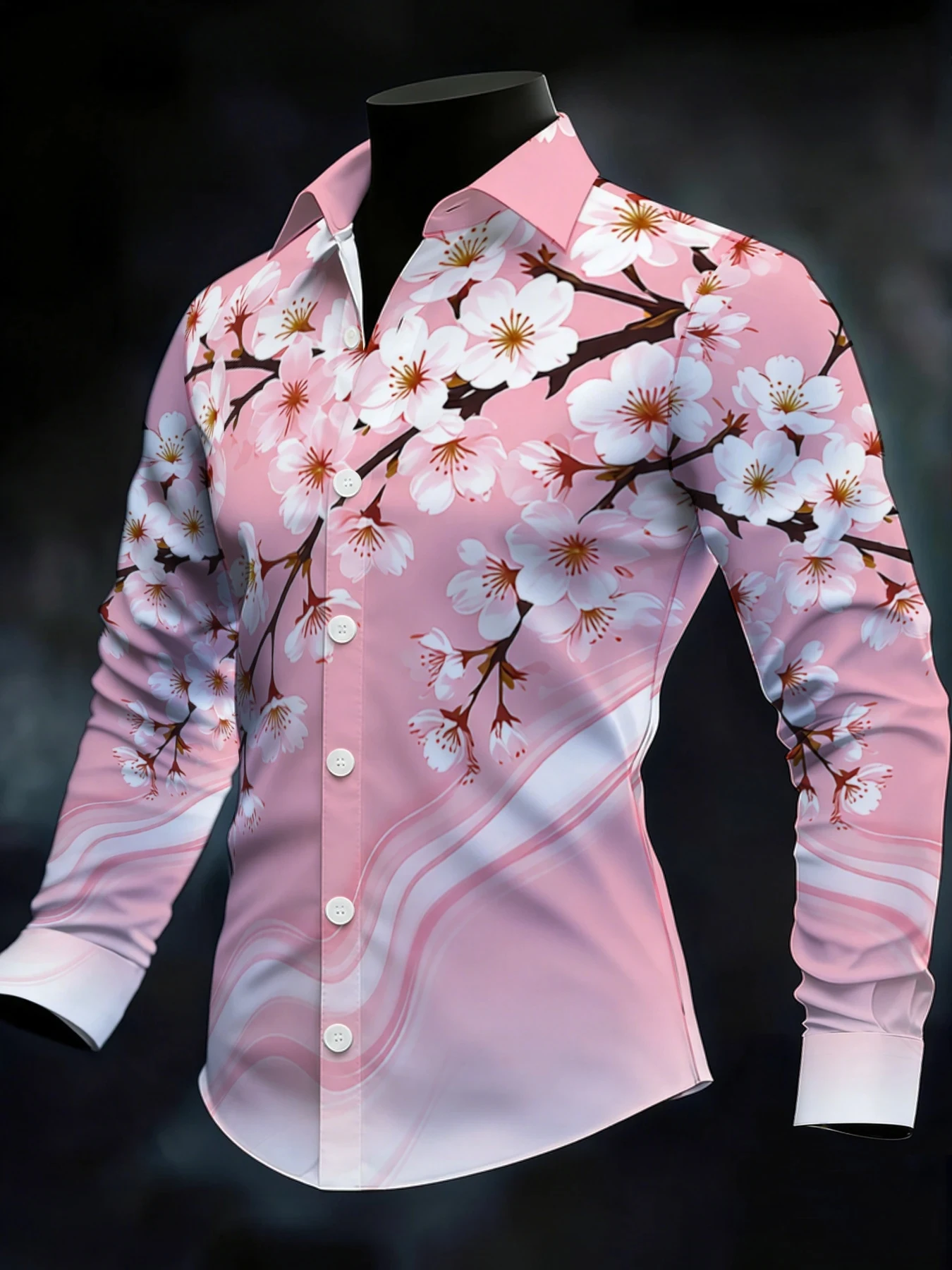 Men'S Fashion Pink Shirt - قميص رجالي بأكمام طويلة وأزرار سفلية،