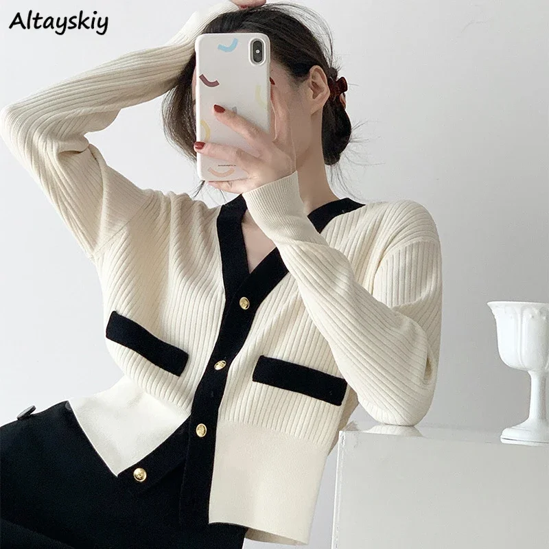 

Crop Cardigan Women Knitted Temper Vintage Contrast Color Slim Casual All-match Button-up Gentle Ladies Creativity Classic New