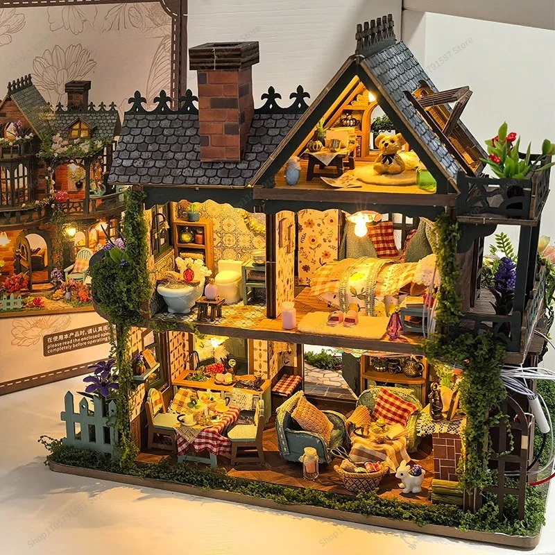 For Handmade DIY Cottage Villa 3d  dimensional Puzzle Miniature House Castle Building Block Girl Gift