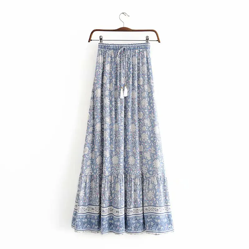 

Long Skirt Woman Elastic Waist Lace Up Boho Fringe Printed Light Blue Summer Slim Female Loose Patchwork Ruffles