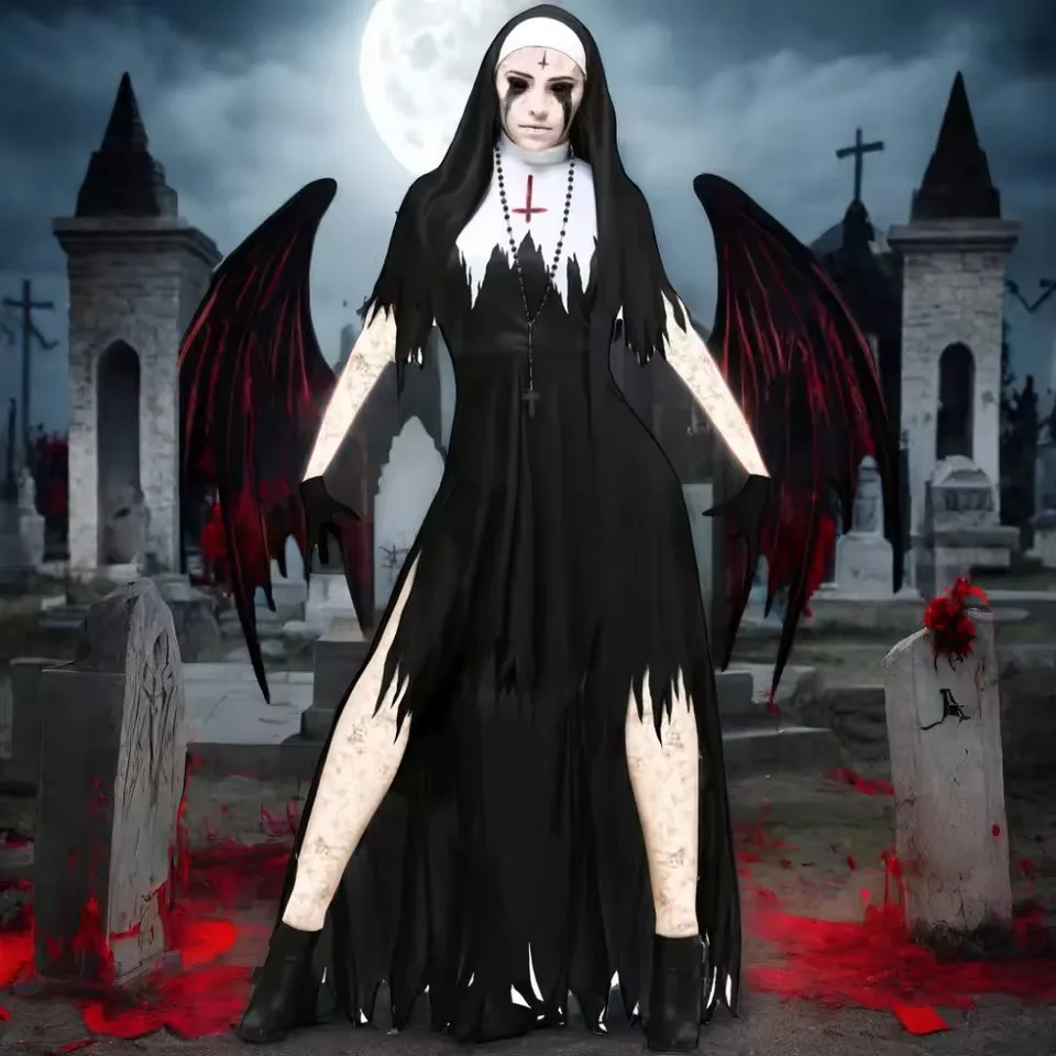 Halloween Costume for Women Gothic Nun Costume Role Play Scary Zombie Cosplay Outfit Carnival Fancy Party Costume