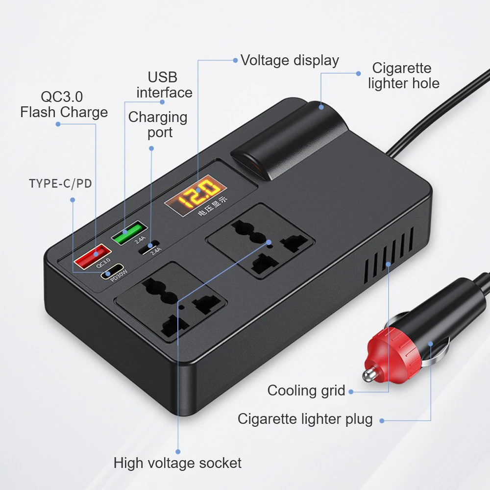Car Inverter 200W DC 12V/24V to AC 220V Converter ON/OFF Switch QC 3.0 USB/PD/Type-C Chargers Power Adapter Voltage Detection