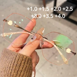 Occhiali da lettura senza cornice tagliati in metallo occhiali da presbiopia squisiti ed eleganti Anti luce blu da donna + 1.0 a + 4.0