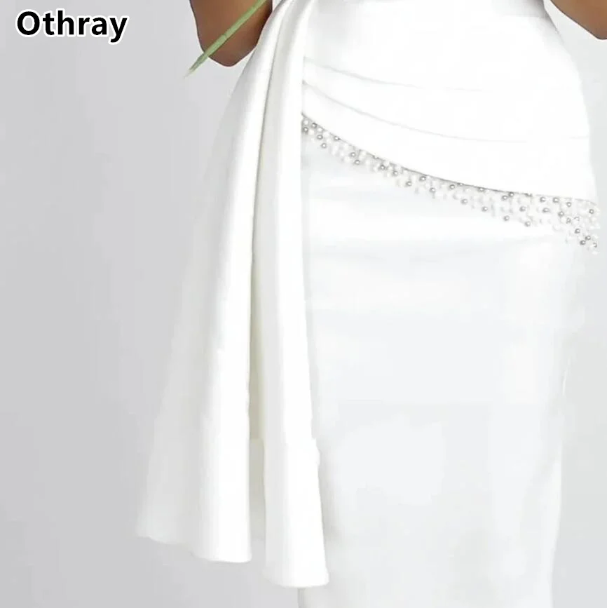 Othray Satin Pearls Short Wedding Dresses Pleats Off the Shoulder Evening Dresses Luxury Party Dresses Wedding Guest Gowns