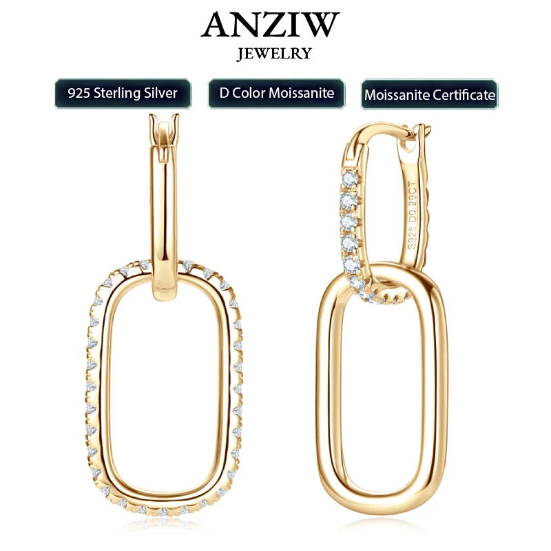 

Anziw Convertible Paperclip Link Hoop Earring 925 Sterling Silver Round Moissanite Earrings Jewelry for Women Gift Wedding Party