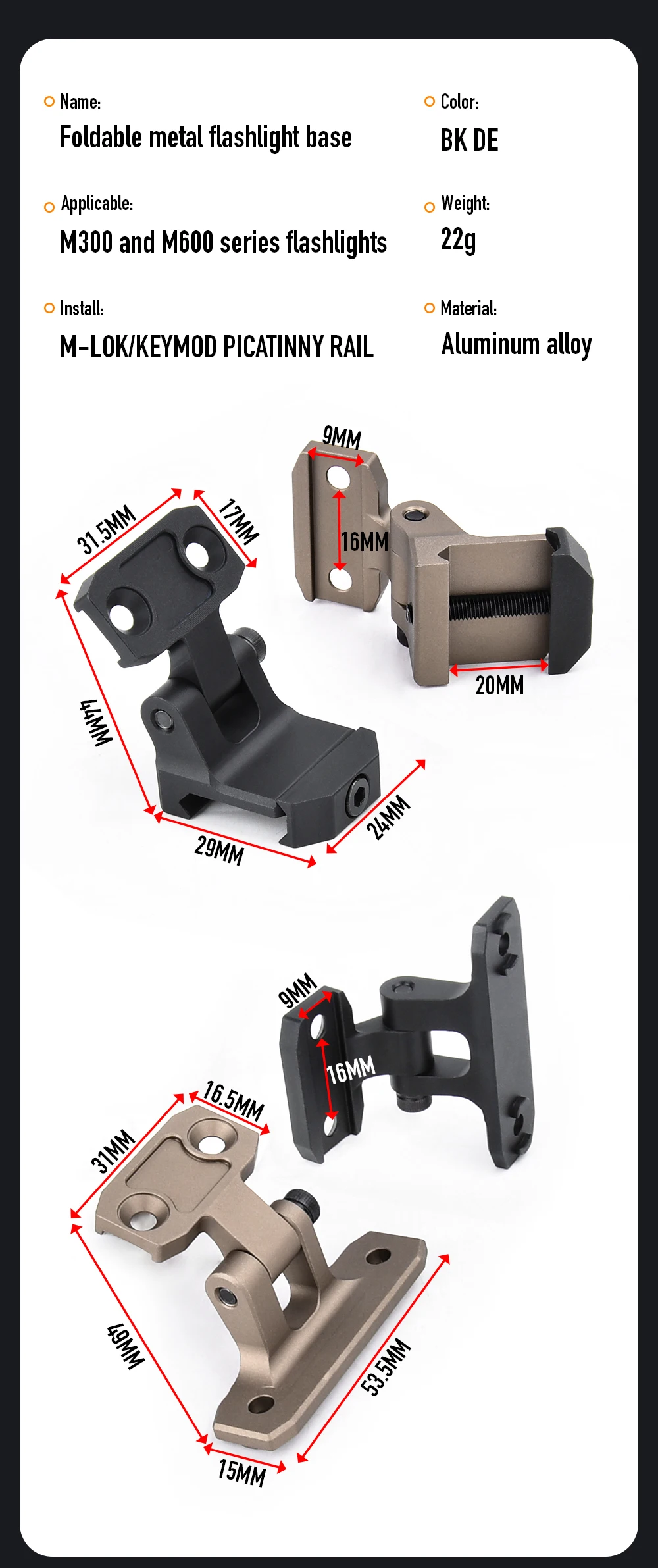 WADSN Taktische Taschenlampenhalterung Metall Keymod Picatinny-Schiene für M600 M300 Scout Light MCX MPX Airsoft Spielzeugwaffen Zubehör – Detail 2