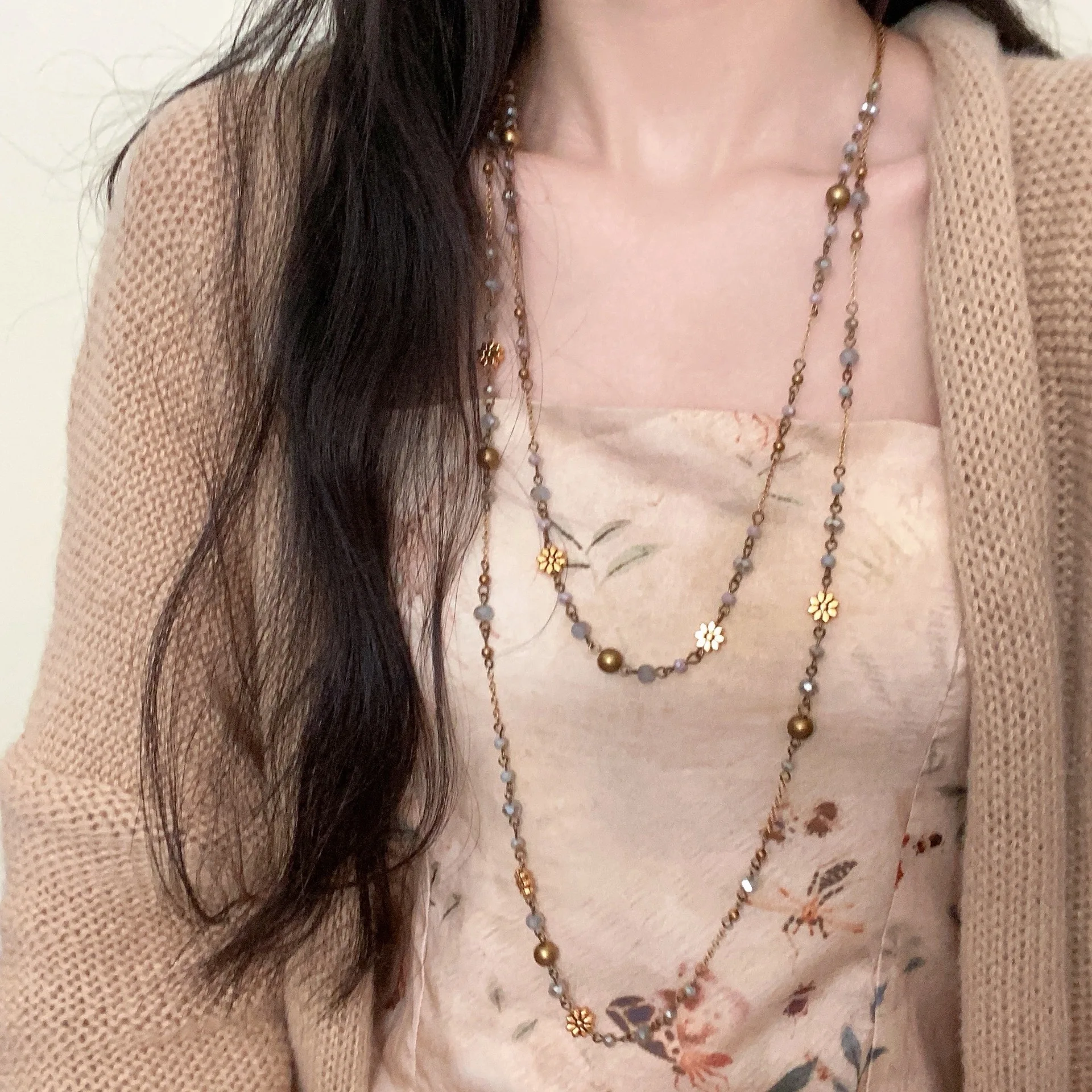 Bohemian Doppel Layered Blume Perlen Halskette Für Frauen Sommer Stil Pullover Kleid Lange Quaste Kette Halsband Mädchen Charme Schmuck