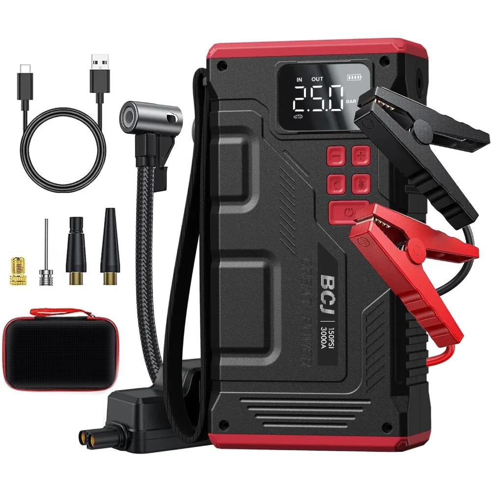 BCJ Car Jump Starter with Air Compressor, Battery Jump Starter Portable 3000A Peak 150PSI Digital Tire Inflator, Car Battery Cha