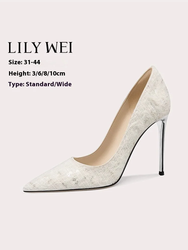 

Spring new shallow cloth sequin widened low-heeled wedding shoes thin high-heeled banquet large size small size women's shoes