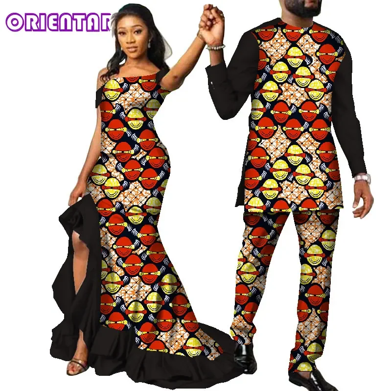 Ropa africana para parejas, vestido largo con estampado africano para mujer, conjunto de trajes africanos para hombres, ropa Bazin Riche para