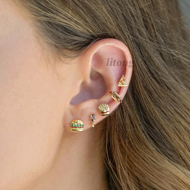 

Burger Series Earrings Hot Dog Studs Women Chicken leg pizza fries Zircon Fashion Small Earrings