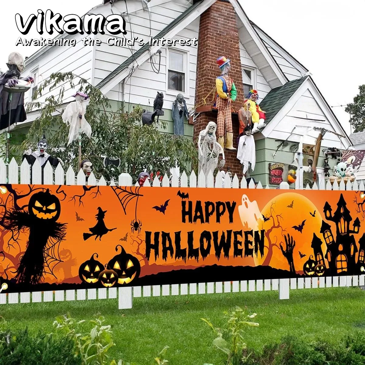 VIKAMA Halloween Outdoor Banner, Kürbis Fledermaus Muster Hintergrund, geeignet für Heimdekoration, Horror-Thema-Partyzubehör