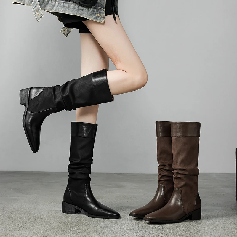 2026new autumn winter women knee-high-boots 22-25cm split leather+stretch flannel long boots thick heel long boots Pile up boots