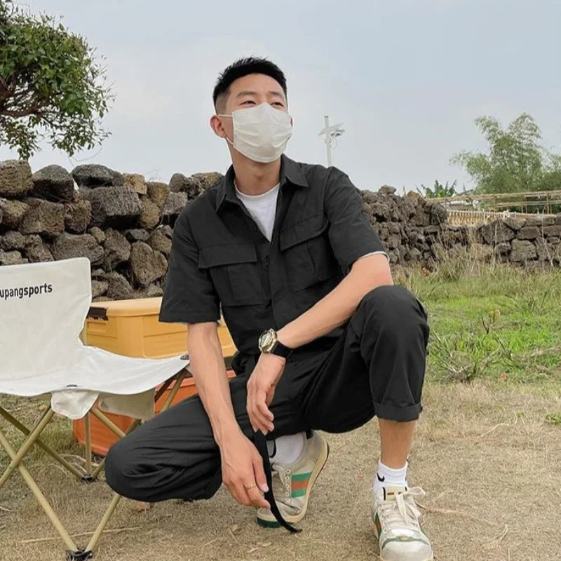 

Nylon Man Trousers Sets One-piece Basic Short Quarter Sleeve Trendy Two Set Cool Outfit Essential Tee Shirts Pants Suits for Men