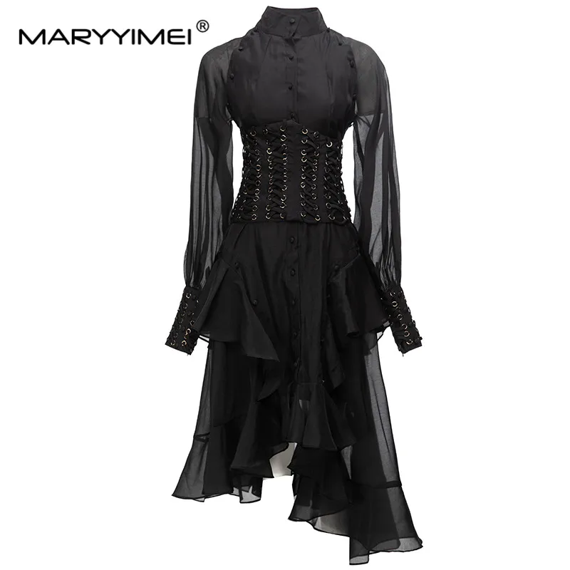 MARYYIMEI Fashion Designer Spring Women dress Standing collar Lantern Sleeve Single breasted Print Ruffles Asymmetrical Dresses