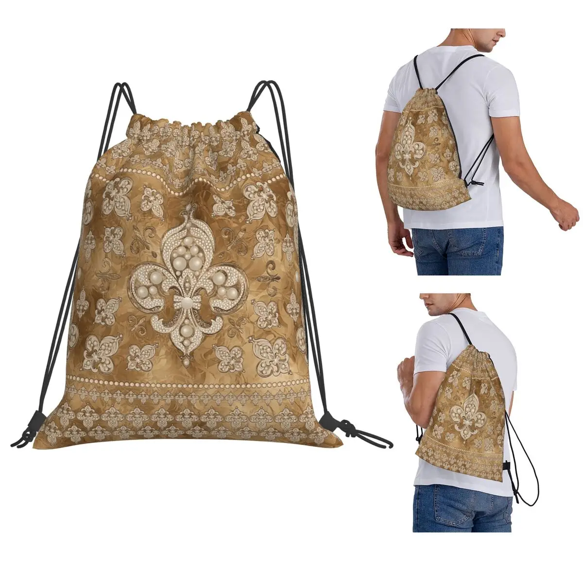 Fleur-de-lis Luxury Pearl And Gold Backpacks Portable Drawstring Bags Sports Bag Book Bags for Travel Students
