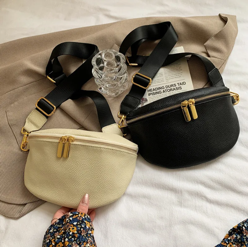 Vintage Fanny Pack Luxury Woman Banana Waist Bag Wide Shoulder Strap Crossbody Chest Bag Soft Leather Designer