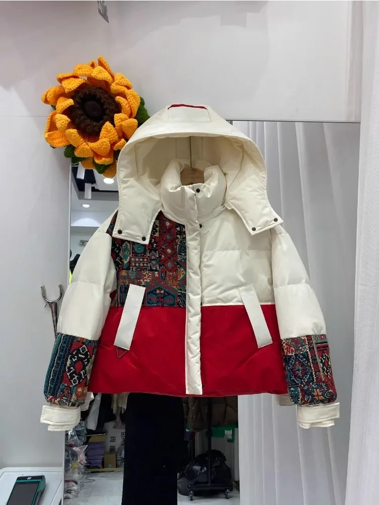 Winter Printed Down Jacket Korean Chic Commuter Embroidered Stitching Hooded Thickened Straight White Duck Puffer Coat Women