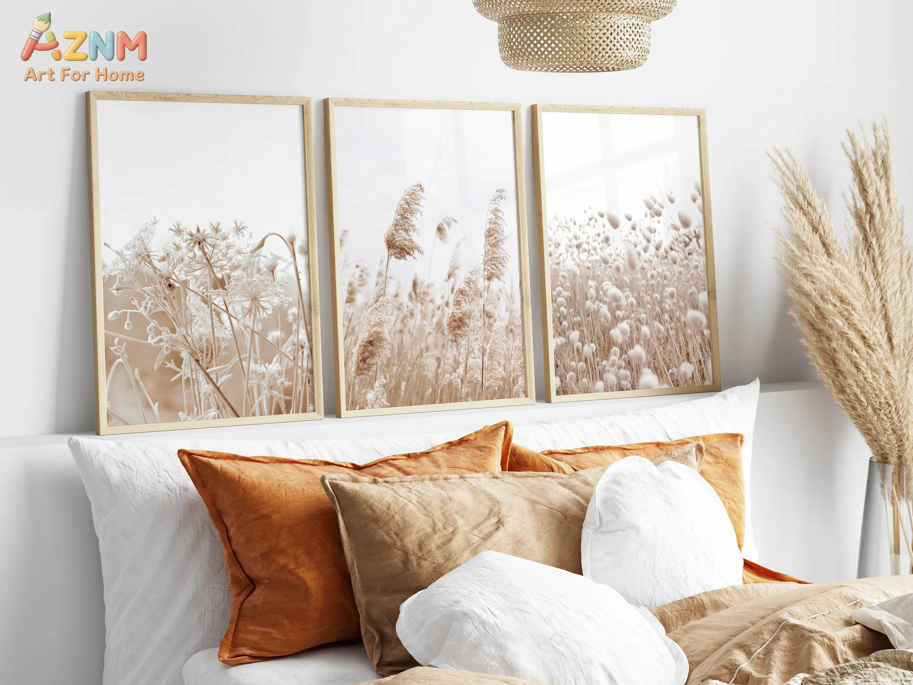 AZNM 3Pcs Neutral Beige Dried Grass Canvas Wall Art, Pampas Bunny Tail Wild Floral Print Frameless Canvas Painting, Boho