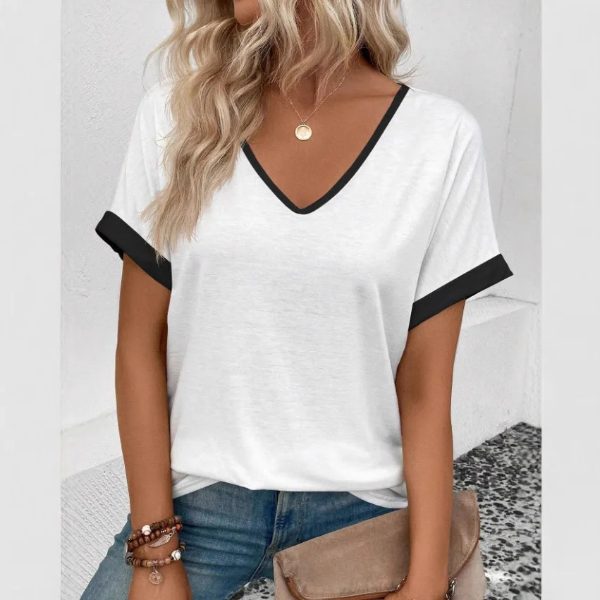 Loose V-neck Short-sleeved T-shirt Women's Summer New Solid Color Casual Top Slimming Effect Polyester Fiber Versatile Shirt