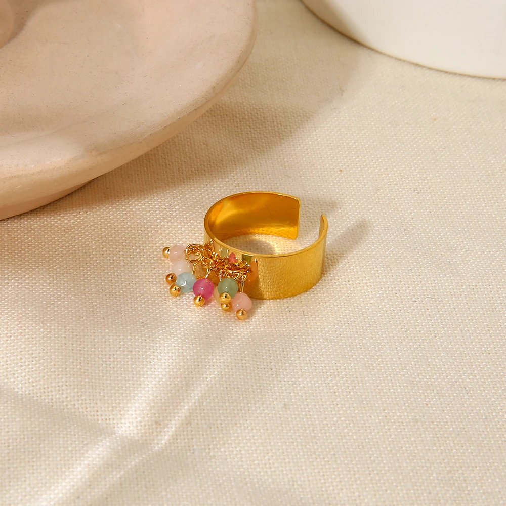 Trend 18K Gold Plated Stainless Steel Colorful Stone Tassel Open Wide Ring For Women Waterproof Jewelry Gift image 2