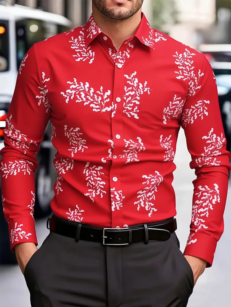 

Мужская рубашка с длинными рукавами и лацканами на пуговицах, рождественская серия, рождественская шляпа, свободная гавайская рубашка с красочным принтом