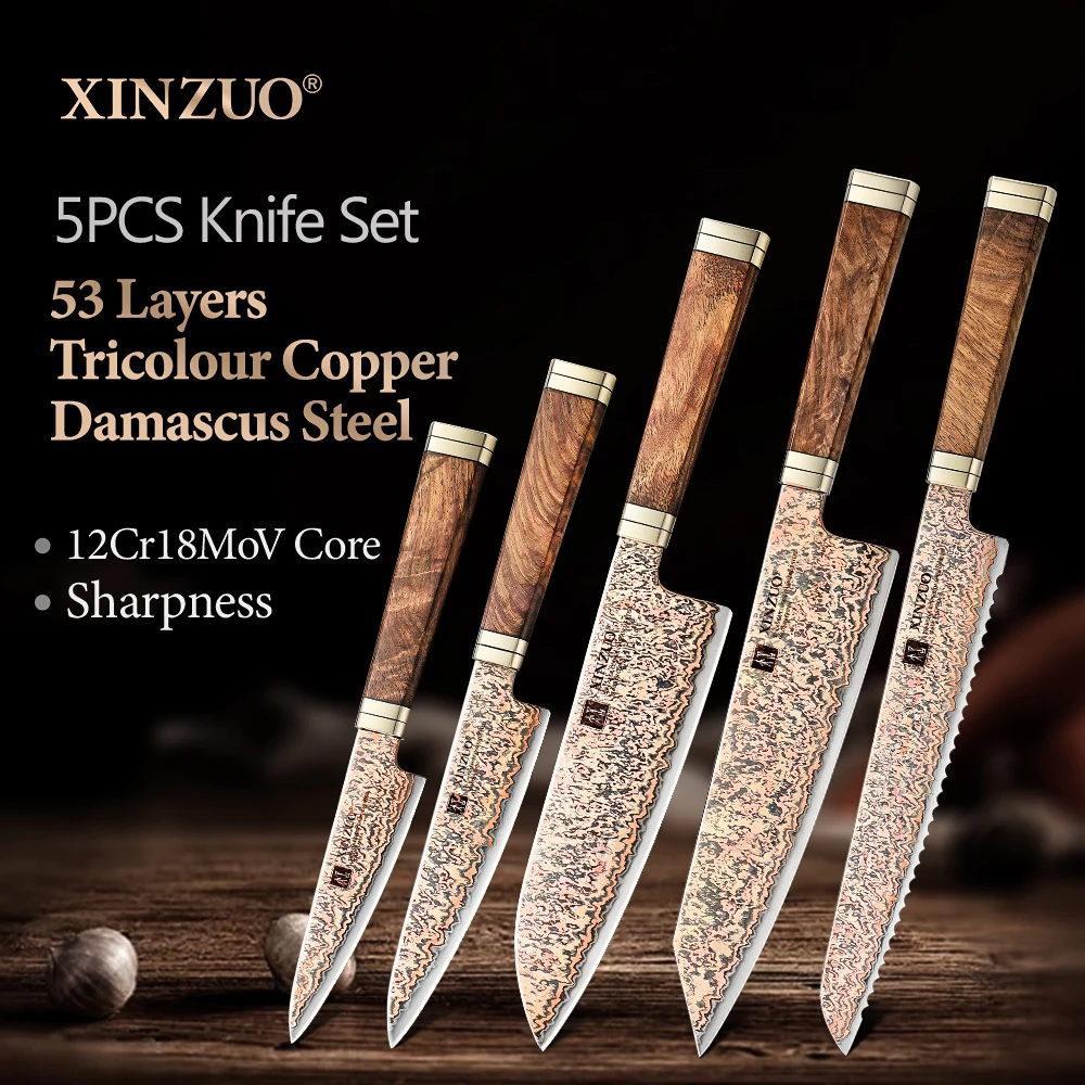 XINZUO 1-5 piezas Paring Utility Santoku Chef Bunka 53 capas tricolor cobre Damasco 12Cr18MoV Core 60±2 HRC con caja de acacia