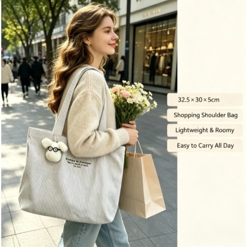 Large Capacity Canvas Bag, New Casual Striped Lazy Simple Commuter Tote Bag, Versatile Shoulder Tote image 4