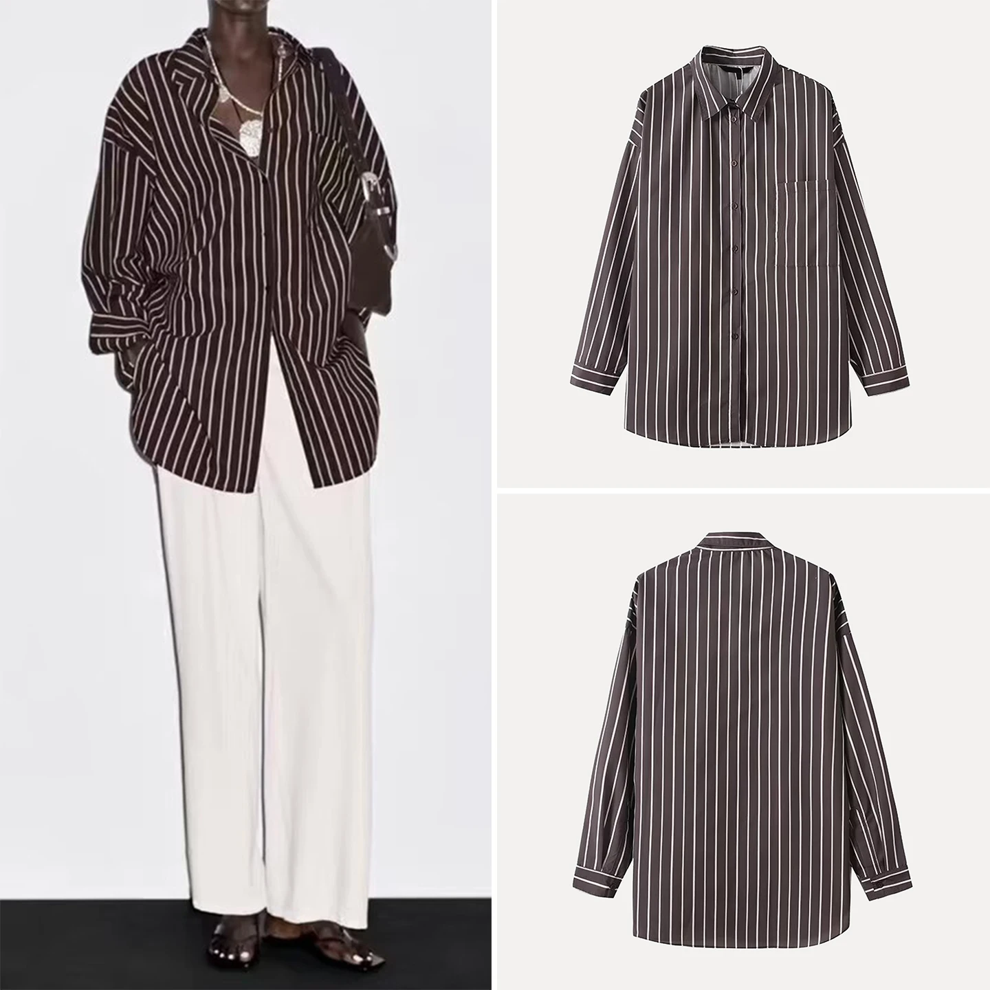 

Осень 2023, женские свободные полосатые волосы Irt Faionable Maturi с вертикальным узором, повседневные длинные свеки с отложным воротником