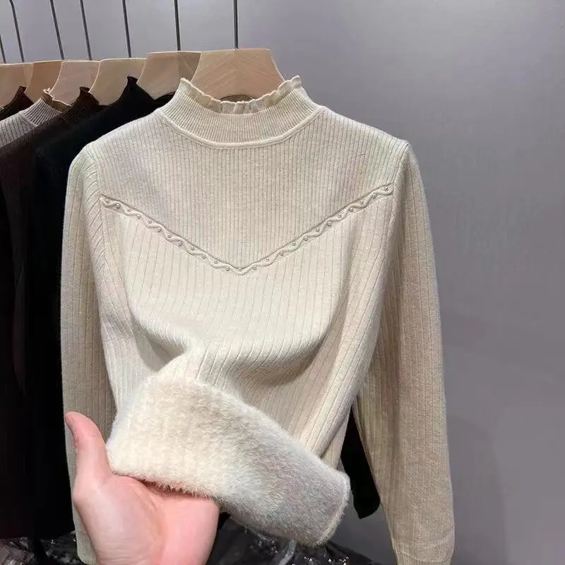 Autumn Winter Fashion Half High Collar Long Sleeve Solid Pullovers Women\'s Clothing Knitting Sweaters Embroidered Flares Tops