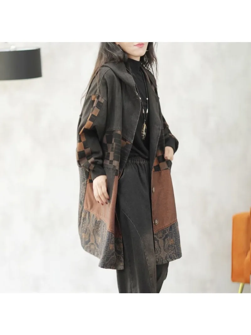 

110Kg Women's Medium and Long Styles Denim Trench Coat 2025 Autumn Women New Loose Hooded Retro Print Splicing Ethnic Style Coat