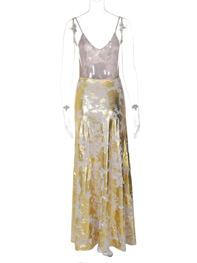 Sexy Spaghetti Strap V Neck Gold Stamping Bodycon Maxi Dress Women Backless Sleeveless Long Dress Evening Club Party Vestidos