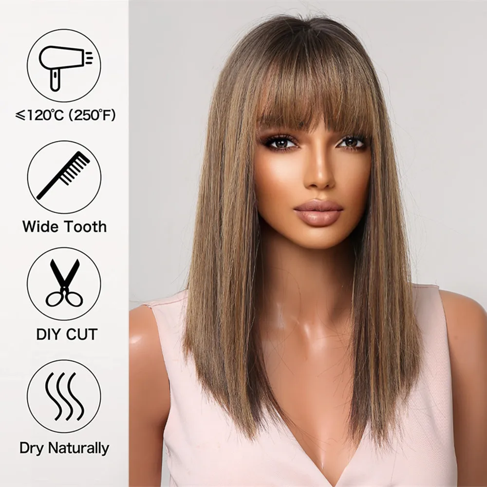 ALAN EATON Bob Medium Length Straight Bangs Wigs for Women Brown Blonde Mixed Synthetic Wigs Daily Cosplay Use Heat Resistant