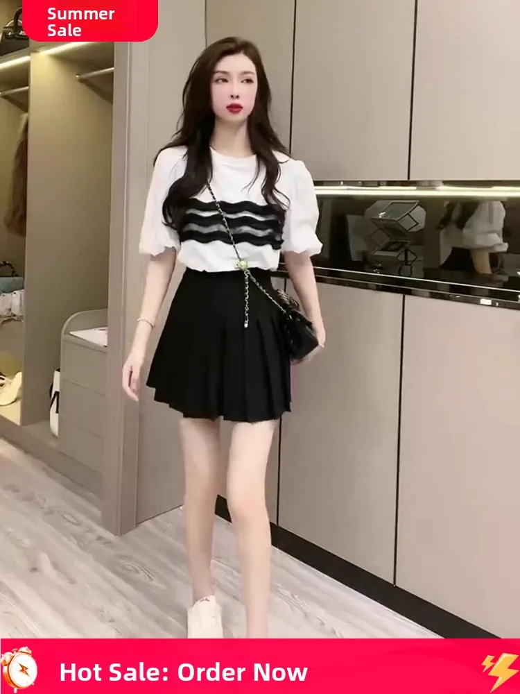 패셔너블한 투피스 세트 여성용 2025년 신상 슬레 에이지 디파잉 탑 플리츠 스커트 여름 의상 클레테 앙상블