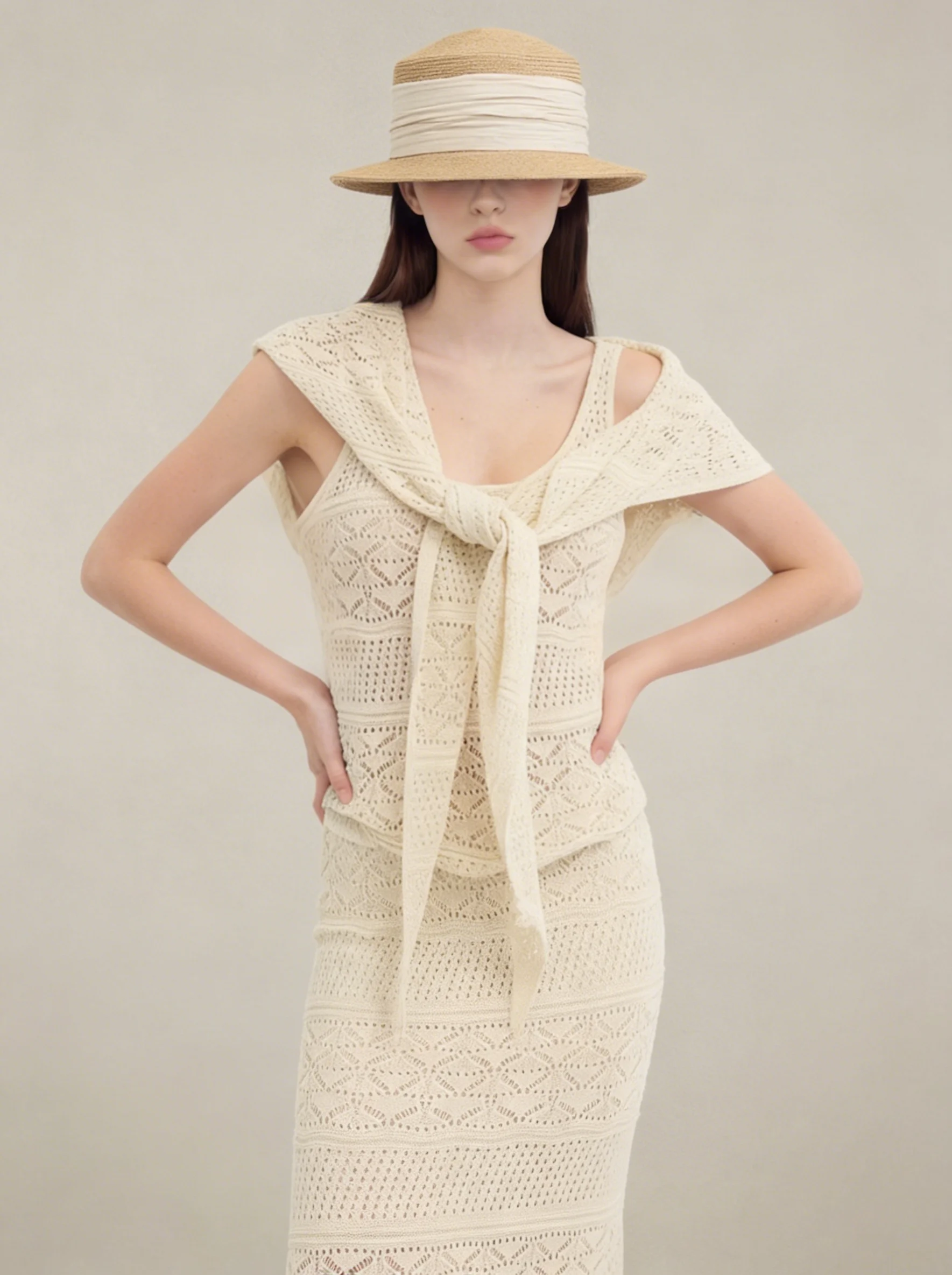 

Elegant Slim Fit Apricot Knitted Vest Shoulder Wrap High Waist Skirt Set for Women Casual Style mid Spring Fashion