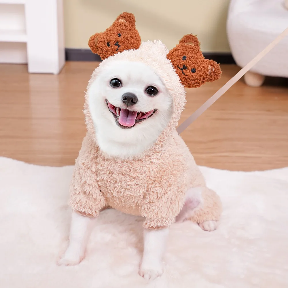 

Plush Thickened Warm Dog Jumpsuit Cute Bear Ear Four Legged Cats and Dogs Coat Coral Velvet Hoodie Autumn Winter Pet Apparel