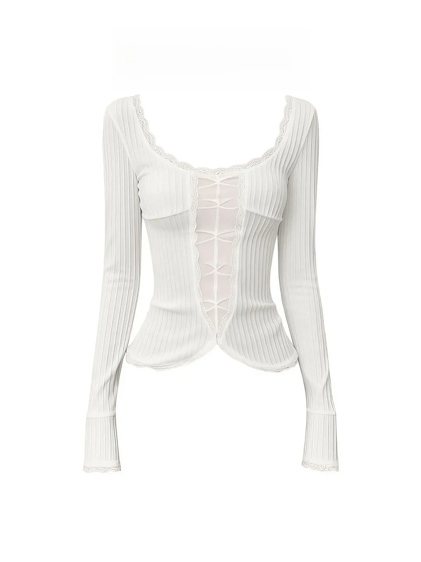 

Белый вязаный топ с кружевной отделкой, женский, приталенный, с вырезами, модный, универсальный, летний, новый, трикотажный, с U-образным вырезом, длинный рукав