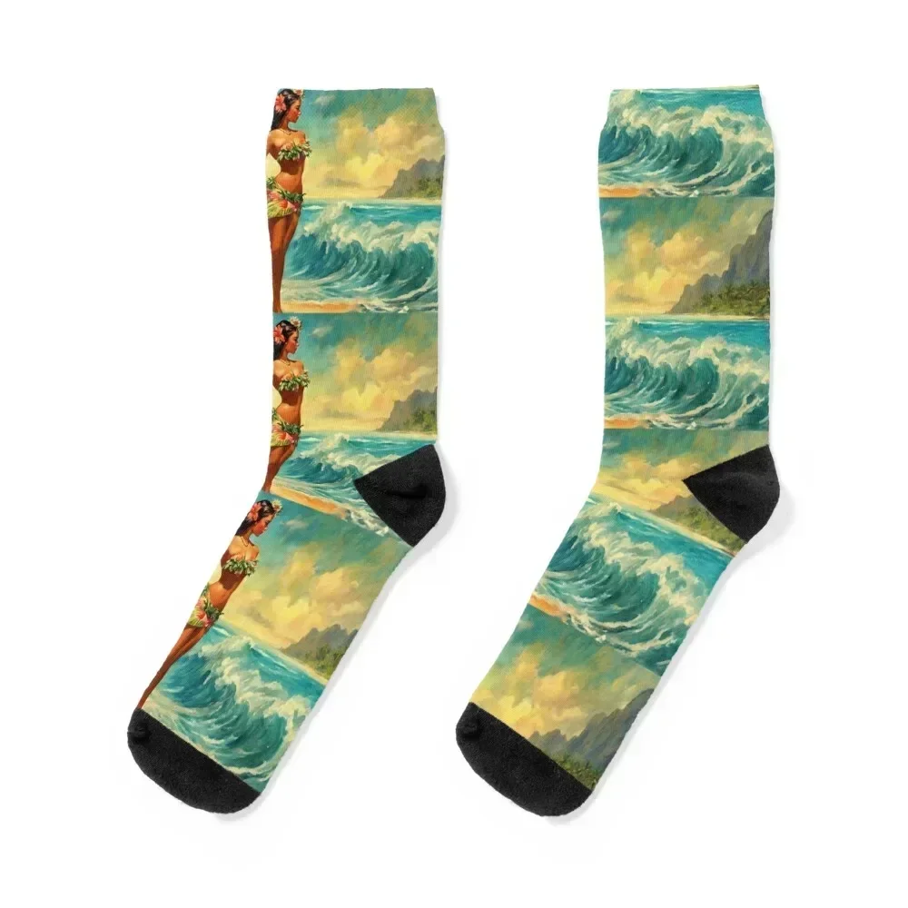 

A Painting Of A Woman In A Hula Skirt On The Beach Socks designer brand men cotton high quality warm winter Socks Women's Men's