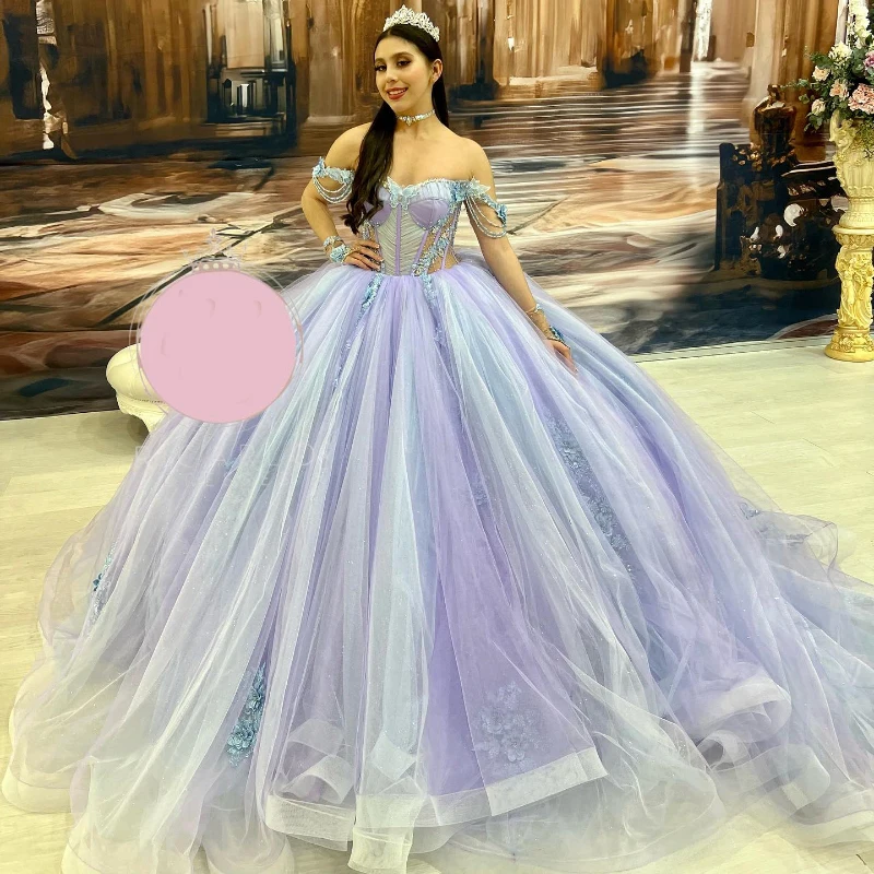 

Lilac Gorgeous Quinceanera Dresses for 16 Year Ball Gown Sexy Off the Shoulder Applique Tull Long Party Dress for Girl vestidos